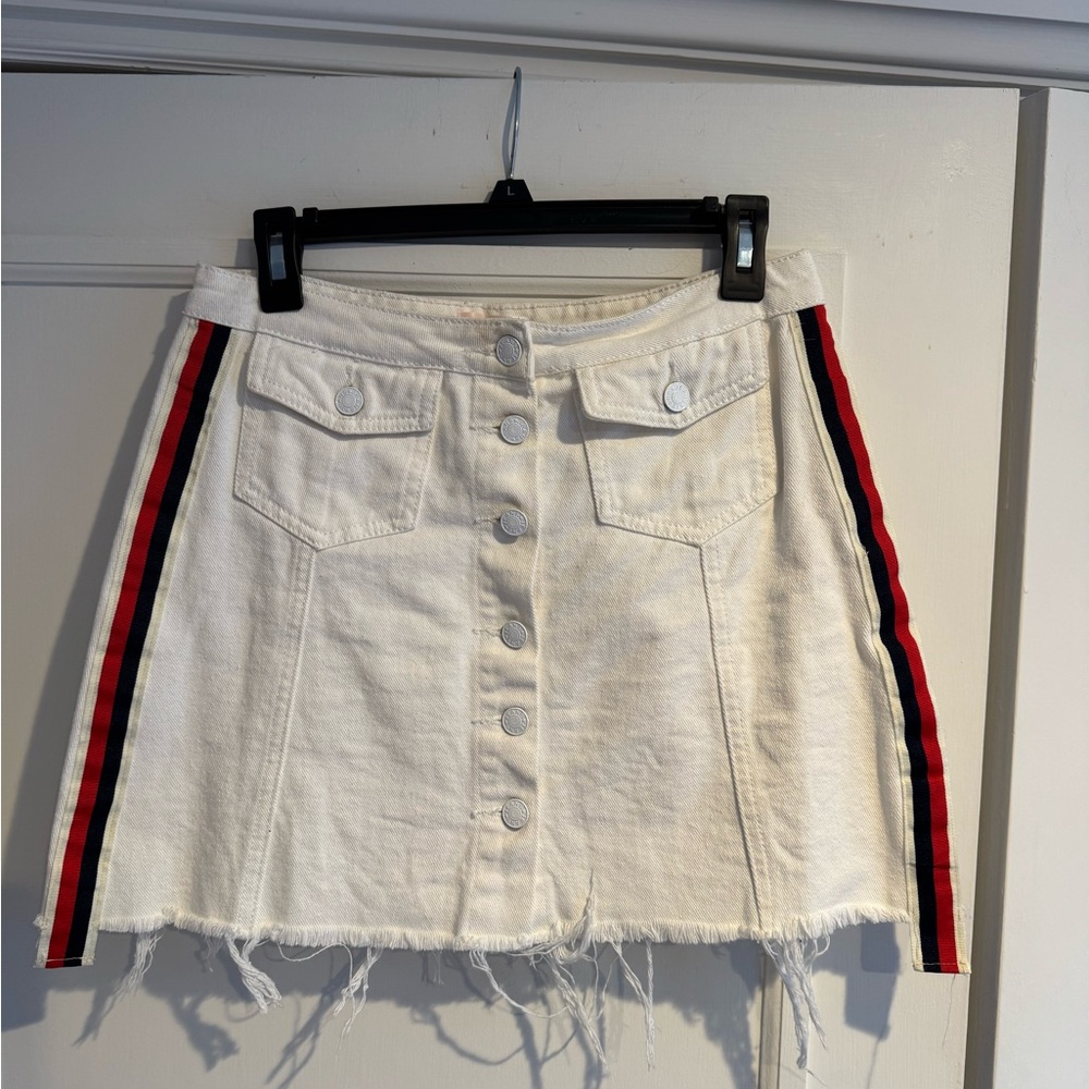 SUNSET + SPRING White Denim Button-Up Skirt with Red and Navy Stripes
